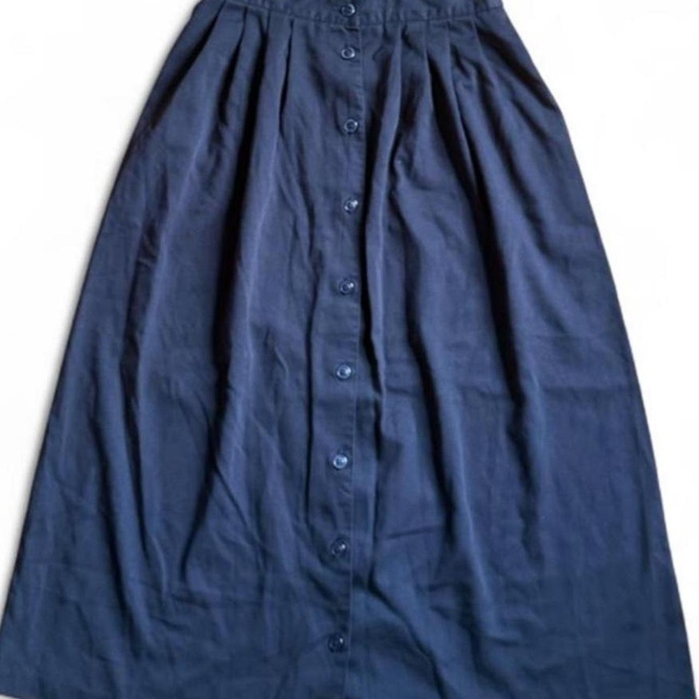 Vintage Briggs New York Navy Blue Button Down Midi Skirt Elastic Waist Size 10